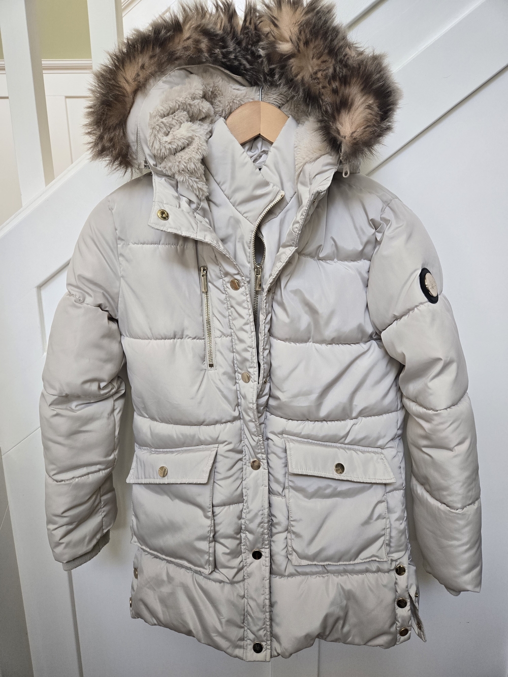 Kids Neutral Cream Puffer Jacket with Faux-Fur Hood